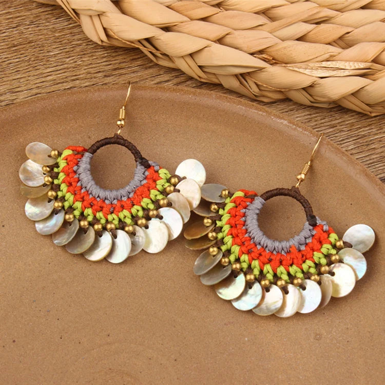 Bohemian Fan Shaped Earrings With Fashionable Hand Woven and Versatile Tassel Earrings