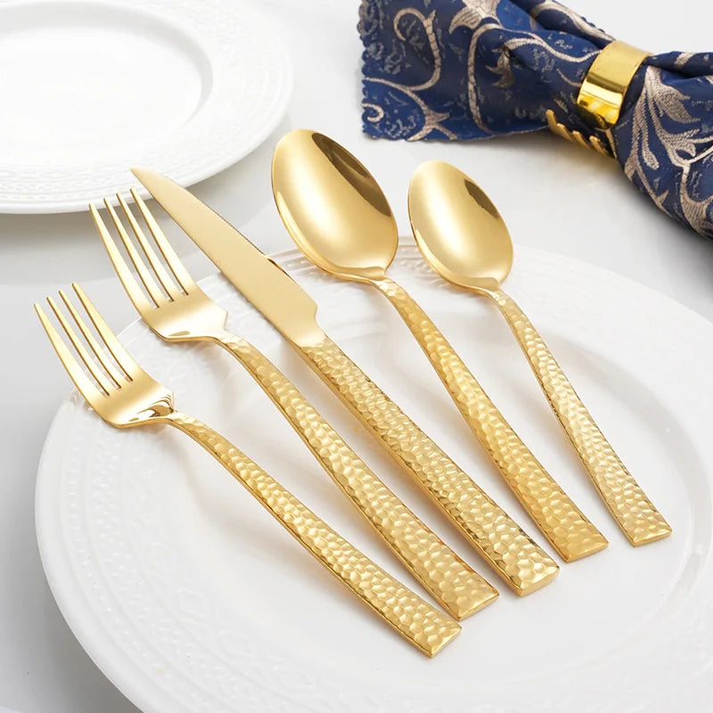Luxury Hammered Golden Cutlery Set Knife Spoon Fork Stainless Steel Flatware Set Gold Cutlery Set for Wedding