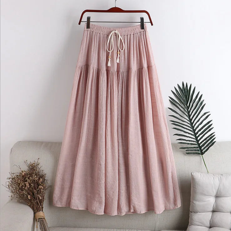 2025 New Mid-Length Skirt Female Summer Korean Style High Waist Slimming Fairy Skirt Cotton and Linen Bow Ins Skirt