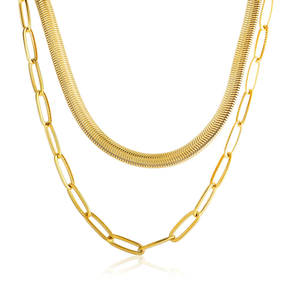 Trendy Style Double Layer Snake Chain Choker Necklace for Women Gold Plated Thick Link Chain Stainless Steel Necklace Jewelry