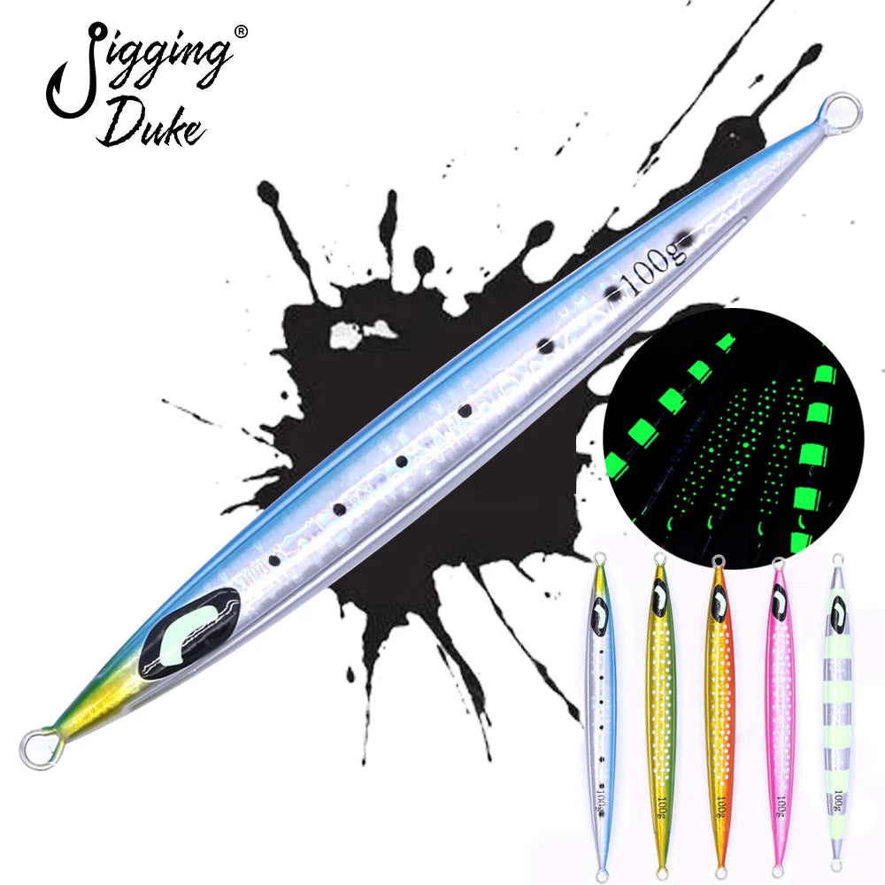 JiggingDuke 100g-300g Glow Slow Fall Pitch Jigging Pebble Sticker Vertical Fishing Metal Jig Japan Molds Lure