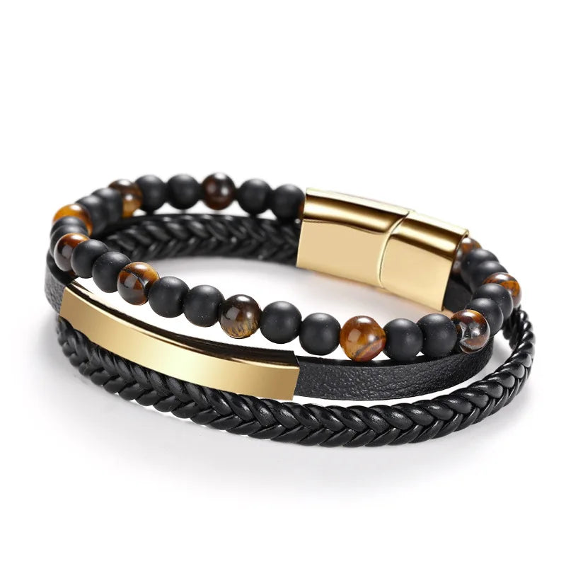 Stainless Steel 6mm Tiger Eye Stone Beads Leather Cord Braided Bracelet Leather Multilayer Men's Bracelet