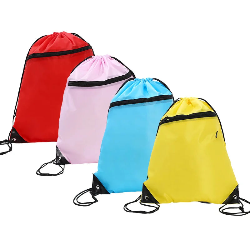 Eco-friendly Blank Shoulder Strap Zipper Pocket Drawstring Bag Custom Logo 210D Polyester Drawstring Bag