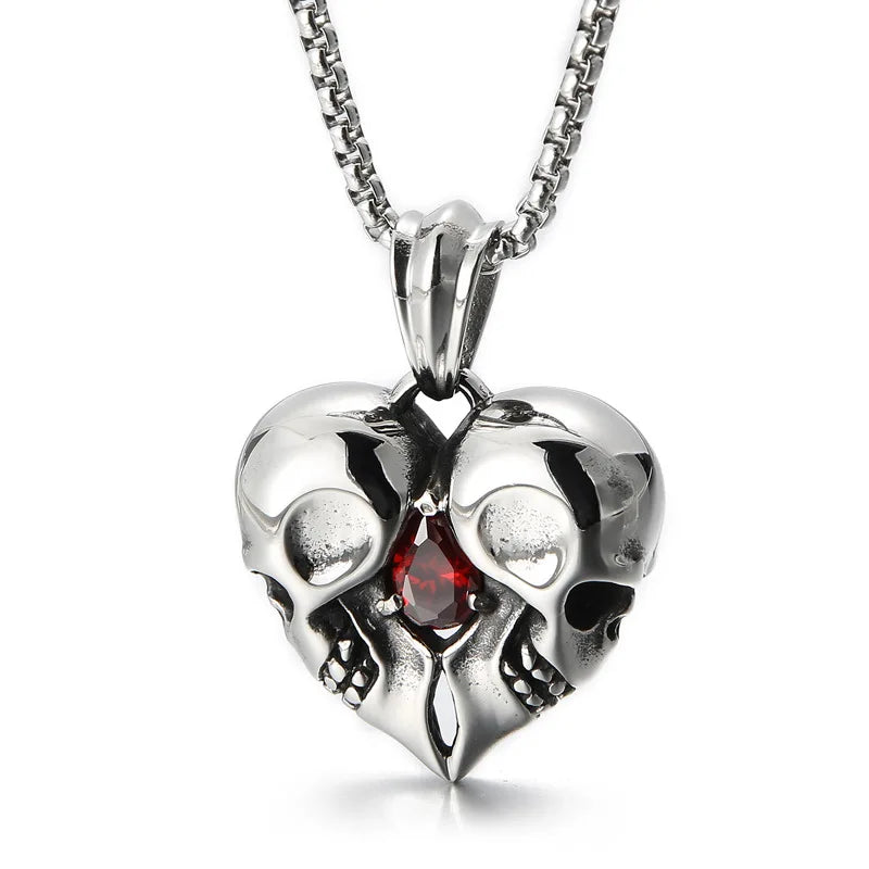 Punk Jewelry Stainless Steel Heart-shaped Double Skull Pendant Necklace