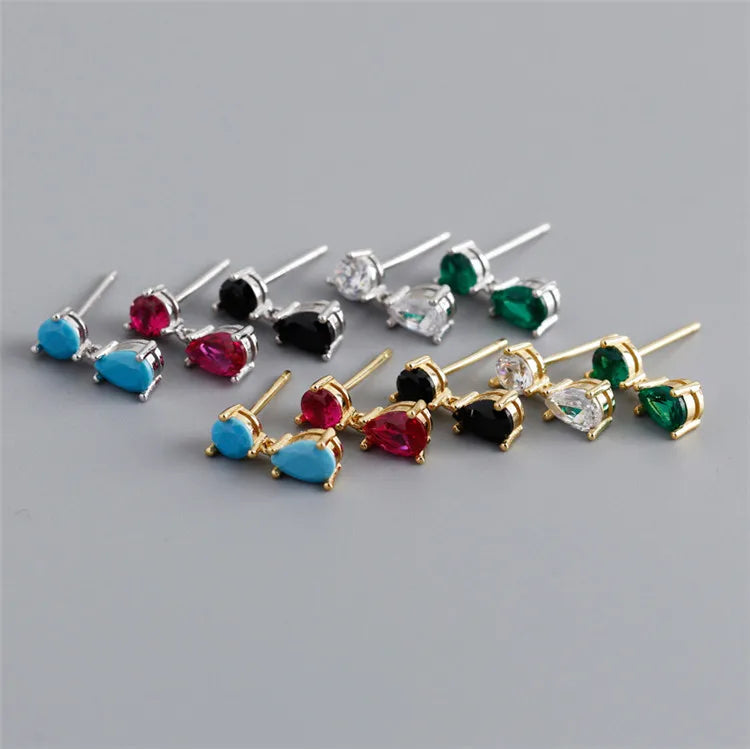 SP Trendy Zircon Stud Earring Dainty 925 Sterling Silver Teardrop Multi Color Zircon Dangle Earrings