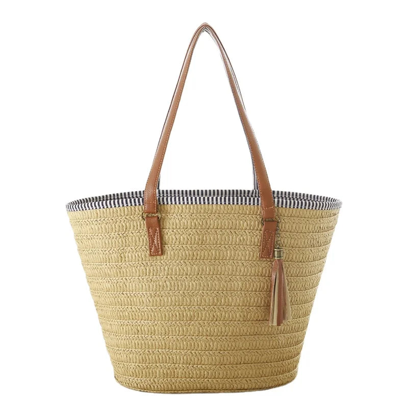 2026 Summer Two Straps Lady Tote Bag Women Large Capacity Fashionable Straw Zip Portable Stylish Tassels Spring Autumn