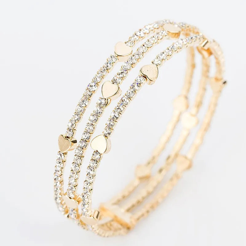Delicate Gold Plated Metal Wire Flexible Bracelets 3-Row Crystal Rhinestone Chain with Heart Spacer Fashionable Cuff Bangles