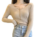 Women's Spring Top Casual Slim Fit V Neck Pullover Sweater With High Elastic Solid Color Knitted Button Design for Winter