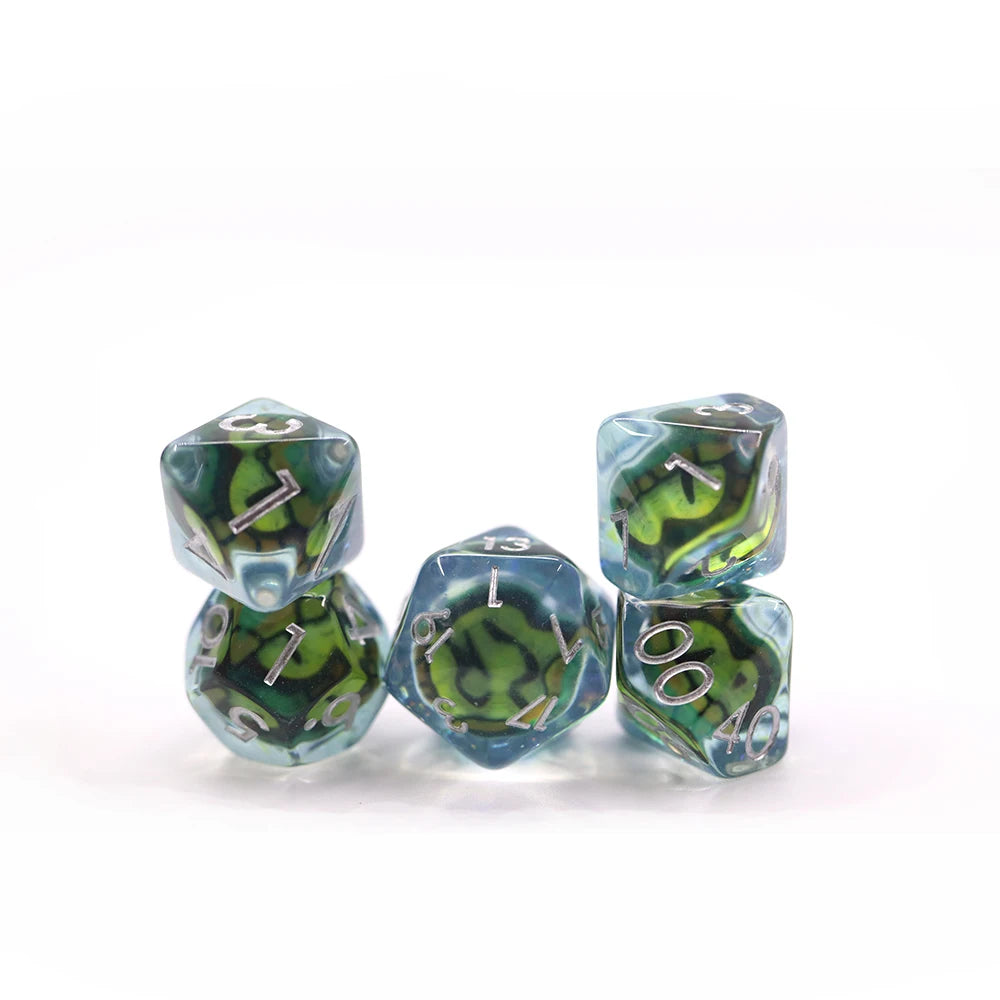 Hot Selling DND Game Resin Polyhedral Dragons Eye Dice Crystal D4 D6 D8 D% D10 D12 D20 New Crystal Clear Green Dragon Eye Design
