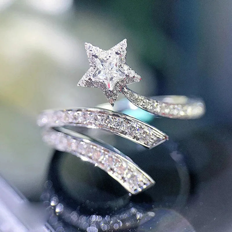 CAOSHI OEM Creative Design Five-pointed Star Cut Cubic Zirconia Opening Rings for Women Silver Plated Engagement Rings Jewelry