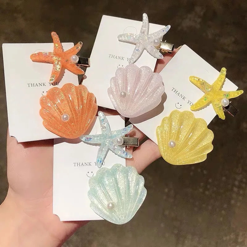 Dreamy Shell Hair Clip Starfish Bangs Seaside Summer Acrylic Resin Seashell Starfish Creative 2pcs Hair Clip Set Accessories