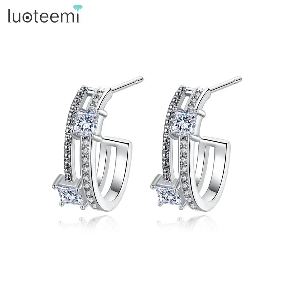 LUOTEEMI Latest Clear Bridal Wedding Luxury Womens Fashion CZ Cuff Earring Cubic Zirconia Hoops Earrings