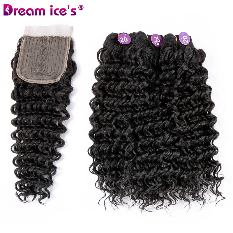 Dream Ice's Deep Wave Full Head Human Blend Closure Human Hair Blend Bundles Curly Blend Human Hair Body Wave Curly Big Closure