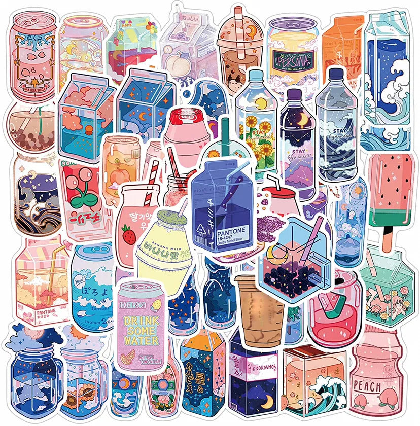 50pcs Ins Drinking Waterproof PVC Sticker Packs for Holiday Laptop Luggage Notebook Mobile Phone Bottle Cup Decoration