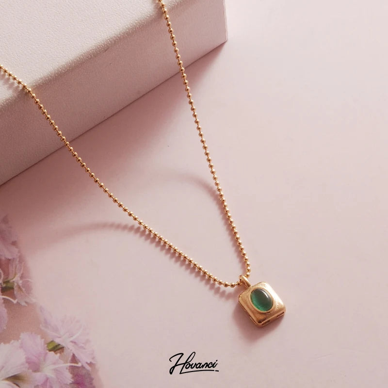 HOVANCI Popular Square Green Necklace Stainless Steel Round Bead Chain Cubic Zirconia Emerald Crystal Pendant Necklace