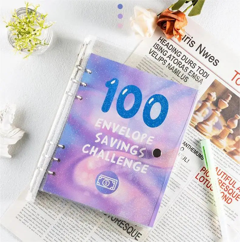 Creative Color Petal A5 Notebook 100-Day Savings Book with 100 Envelope Challenge PVC Loose-leaf Binder Notepad New Release