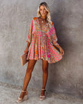 2023 Women's European and American Bohemian Style Sexy V-neck Casual Waist Loose Print Dress