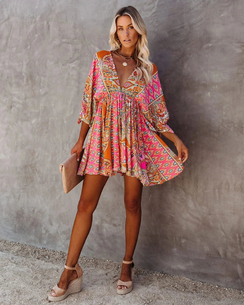 2023 Women's European and American Bohemian Style Sexy V-neck Casual Waist Loose Print Dress