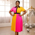 Short Sleeves Turn Down Collar Contrast Color Women Pleated Career Dress