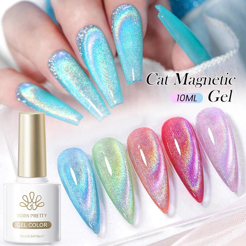 BORN PRETTY Omnipotent Silver Rainbow Cat Magnstic Gel Custom Logo 9D Holographics Sparkle Cat Eye Gel Nail Art Varnish