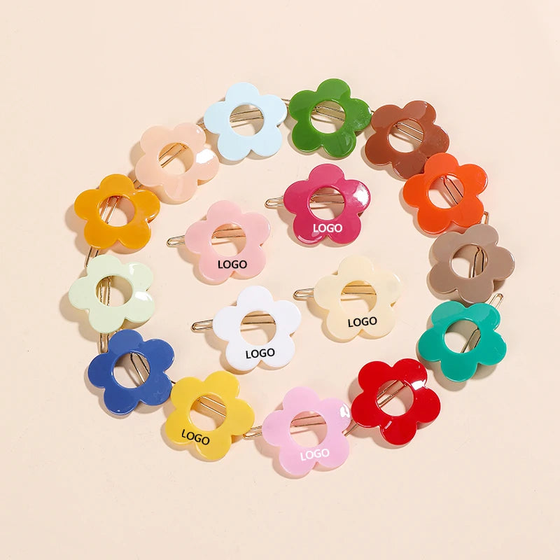 ODM OEM Custom Color logo Design Fancy Acrylic Candy Hollowout Flower Color Hair Frog Clips Grips Accessories for Kids Girls