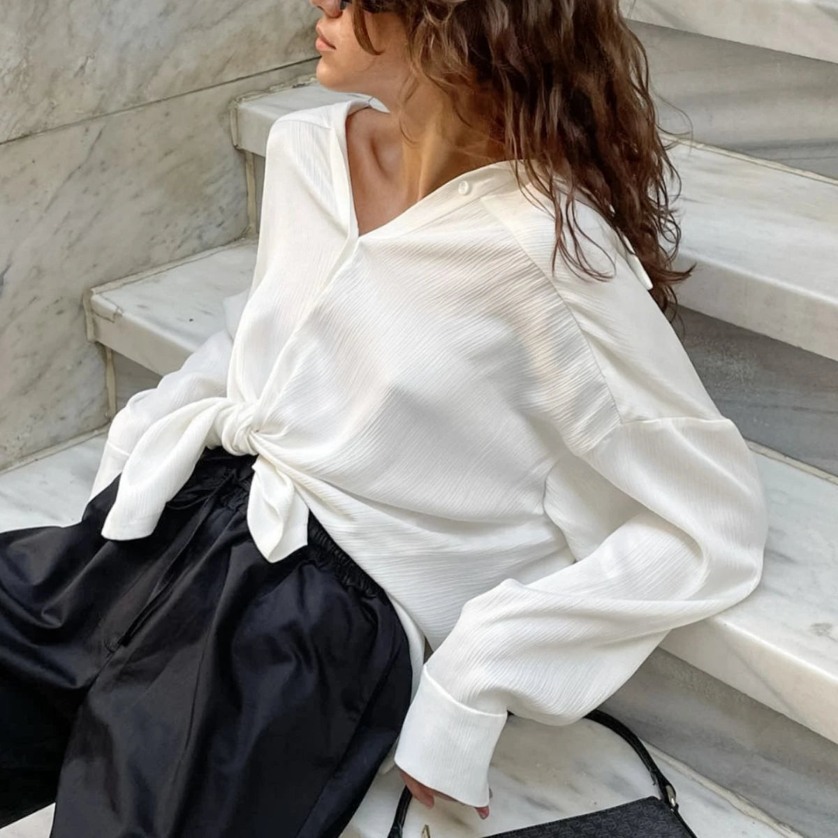 Enyami Spring Autumn 2025 Chic Elegant Chiffon Lapel Long Sleeve Knot Lady Shirt Tops Office Women White Blouses