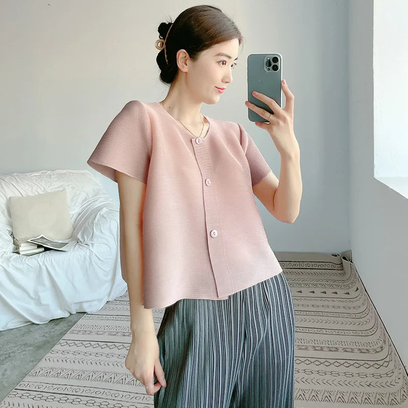 Summer New Women's Pleated Small Coat Short Sleeve Thin Cardigan Single Breasted Top