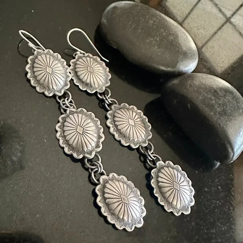 Vintage Western Bohemia Style 8.6*1.2cm Three Pcs Squash Blossoms Tassel Earrings for Women Gift