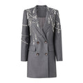 Luxury Fine Workmanship Rhinestone Beading Double-breasted Long Sleeve Women Office Blazer Short Mini Notched Dress