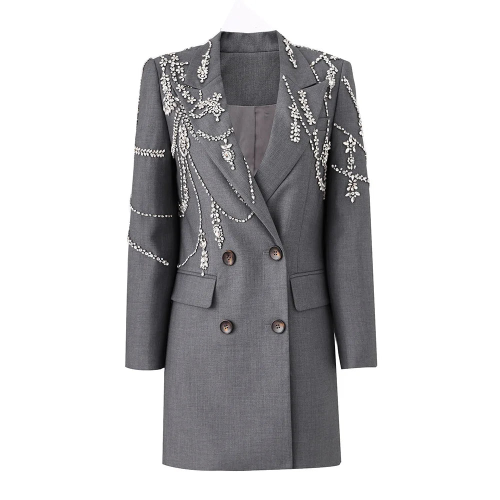 Luxury Fine Workmanship Rhinestone Beading Double-breasted Long Sleeve Women Office Blazer Short Mini Notched Dress