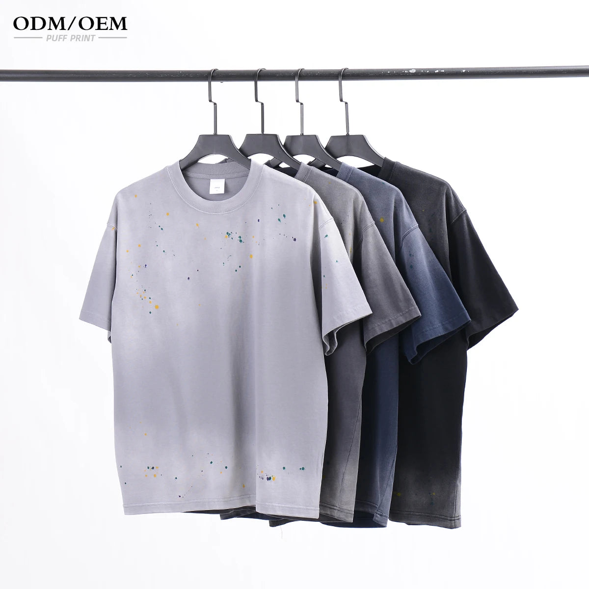Custom Puff Print Streetwear Heavyweight 100Cotton Blank Plain Oversized Men's Tshirt Splashed Ink Spray Dyed Vintage Washed Tee