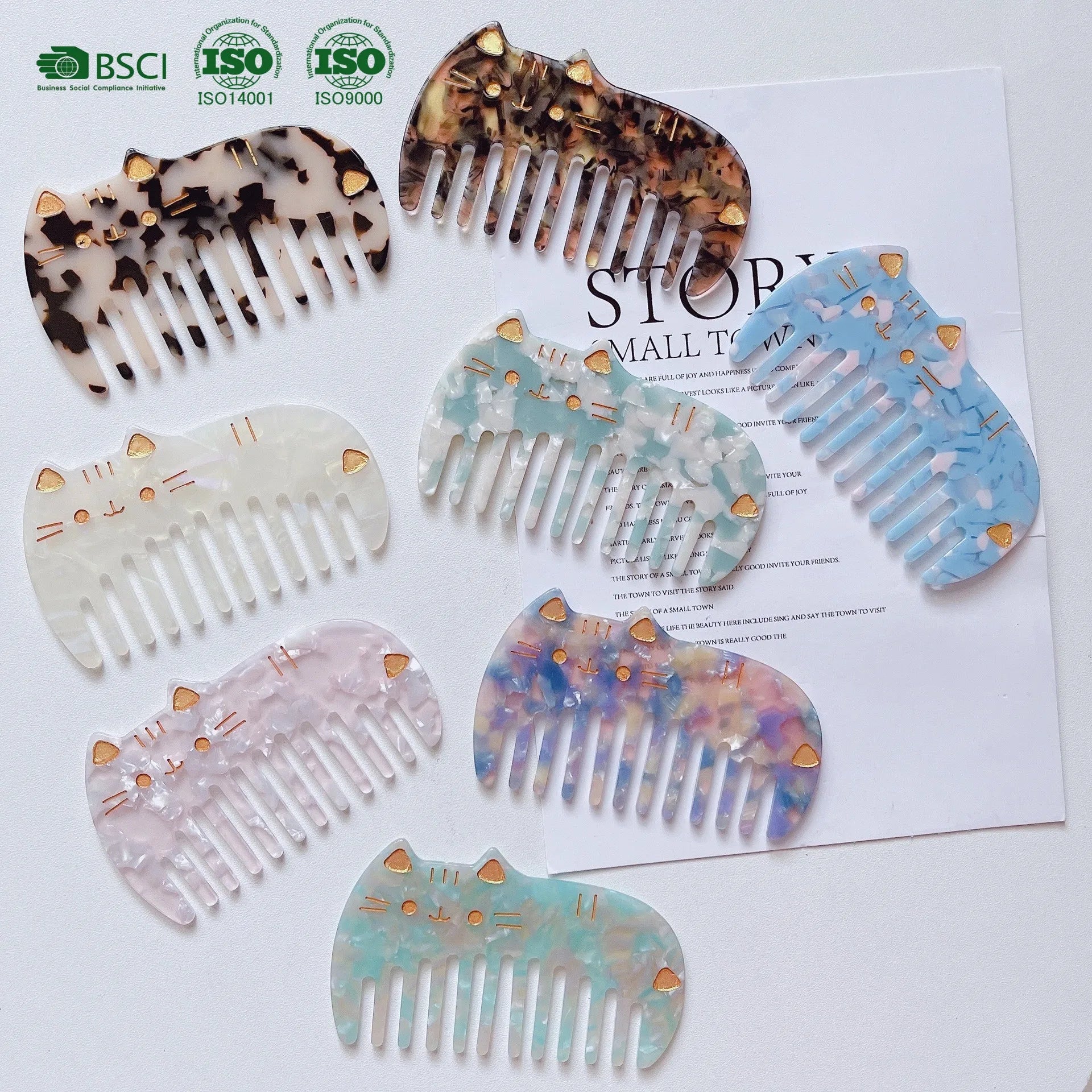 BSCI Factory YHJ New Design Cat Shape Hair Combs Custom Acetate Hair Comb Anti-Static Hair Straightener Comb for Women