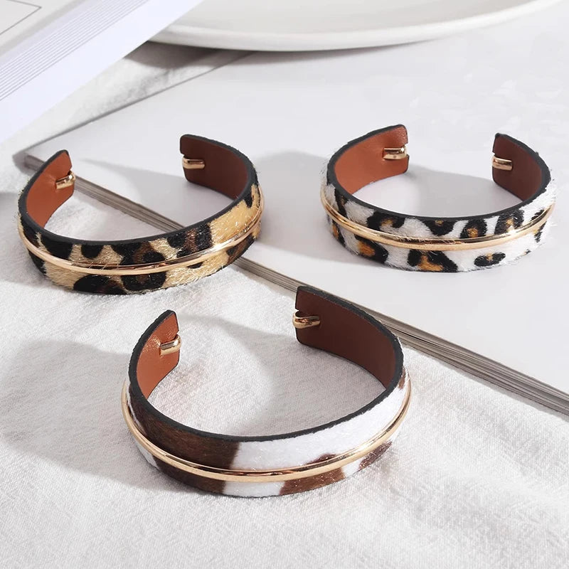 2024 New Arrival Trendy Design Accessories Leopard Print Leather Copper Trendy Women's Bracelet Geometric Cuff Leather Bracelets