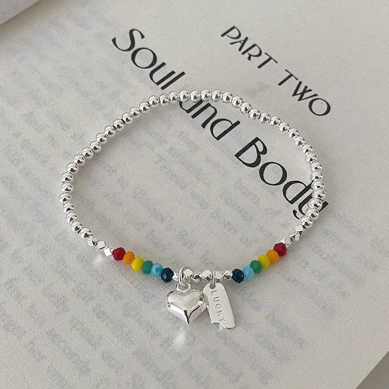 925 Sterling Silver Colorful rainbow Beaded Adjustable Trendy Heart Charm Beaded Bracelet
