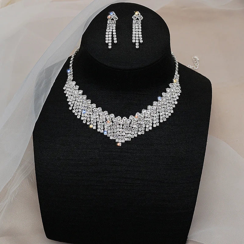 JX08650 Hot Selling Fashion Bridal Diamond Jewelry Set Rhinestones Necklace Earrings Set Wedding Jewelry Sets