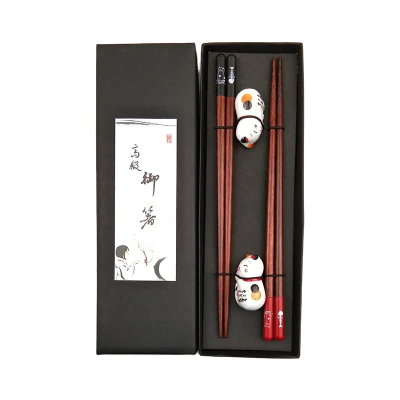 New Design Lucky Cat and Fish Design Tableware Wooden Chopsticks with Ceramic Rest Chopstick Gift Set