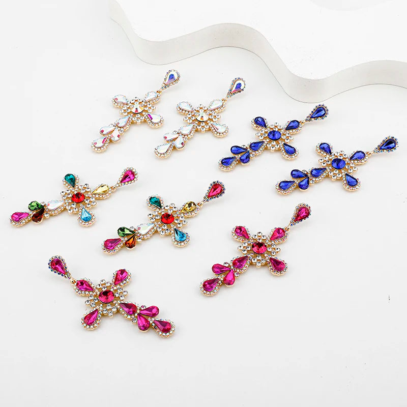 Fashion Diamond Sapphire Cross Drop Earrings Multi Color Rhinestone Large Cross Statement Earrings