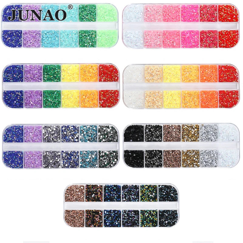 JUNAO New Design Mix Jelly Resin Stones Kits Flat Back 2mm 3mm Crystal Wholesale 12 Grids Resin Rhinestones for Manicure DIY