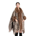 New Women's Winter Jacquard Capes Poncho and Cardigan Coats Faux Fur Fringe Shawl With Long Fur Trim