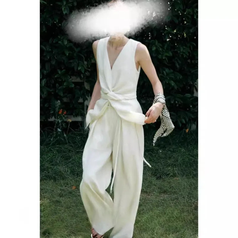 Boutique Wholesale 2026 Summer New Fashionable Waist Slimming V-neck Sleeveless Vest Wide Leg Pants Women's Set
