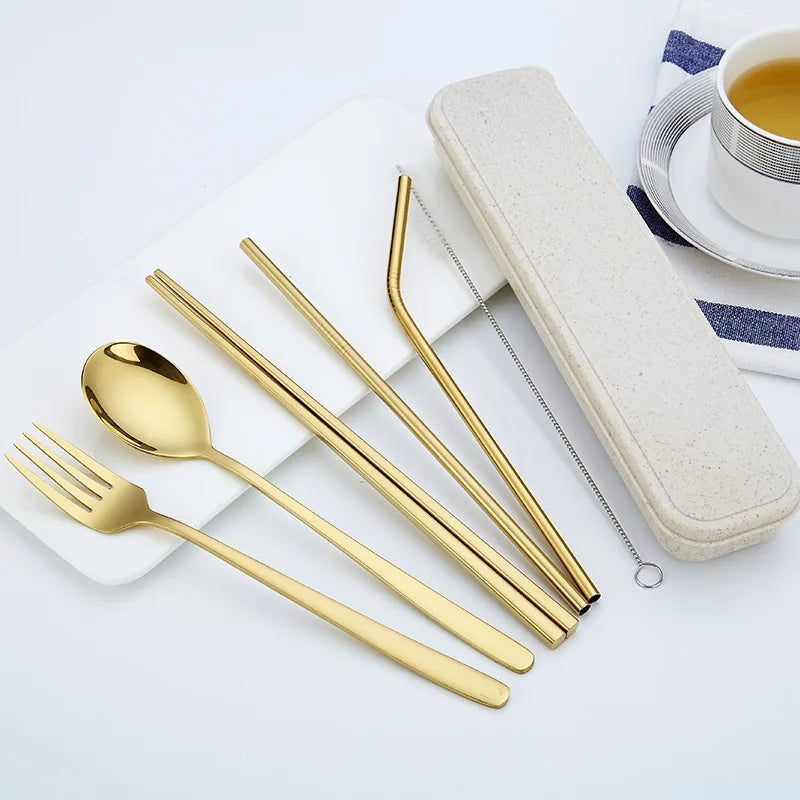 Stainless Steel 304 Fork Spoon Chopsticks Cutlery Straw Set With Wheat Box