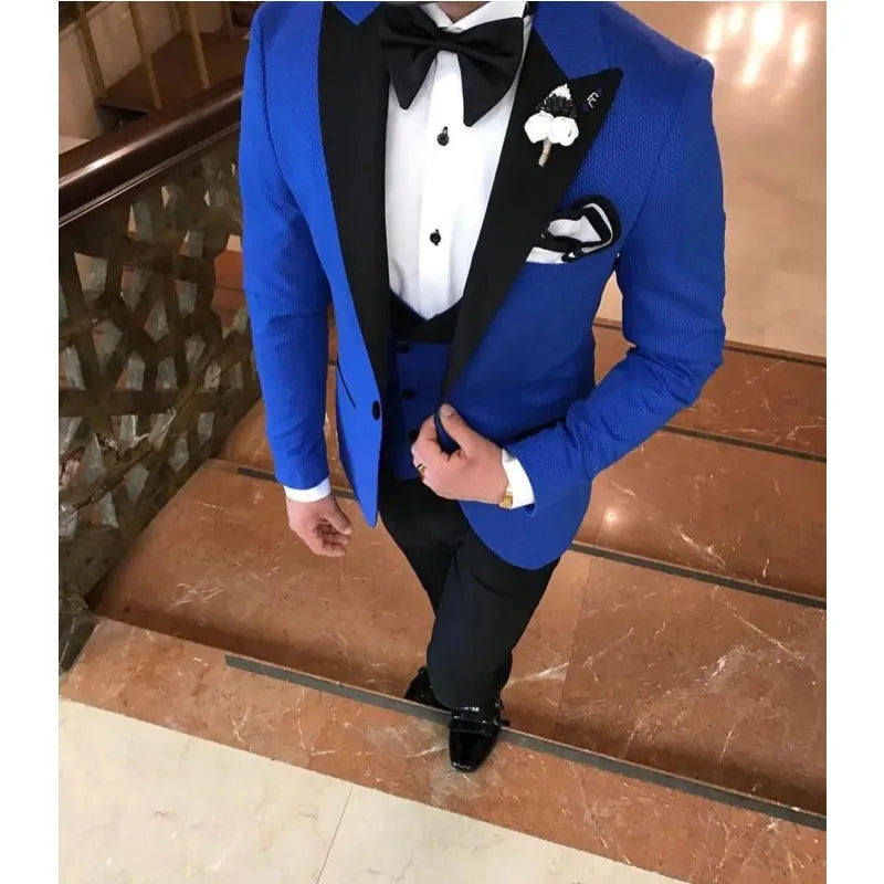2025 Custom Made Royal Blue Elegant Groom Top Lapel Wedding Tuxedo Men Suits Fashion Pent Coat for Men Sets (Jacket+Pants+Vest)