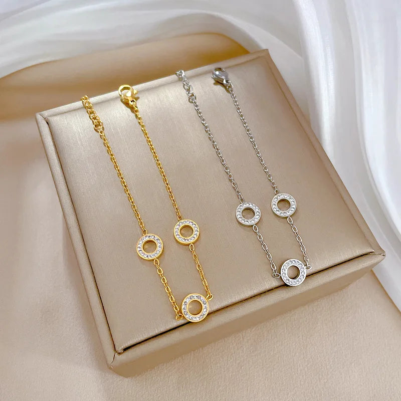 Simple Adjustable Chain Circle Bracelets 18K Gold Plated Stainless Steel Chain Mud Diamond Inlay Hollow Loop Bracelets