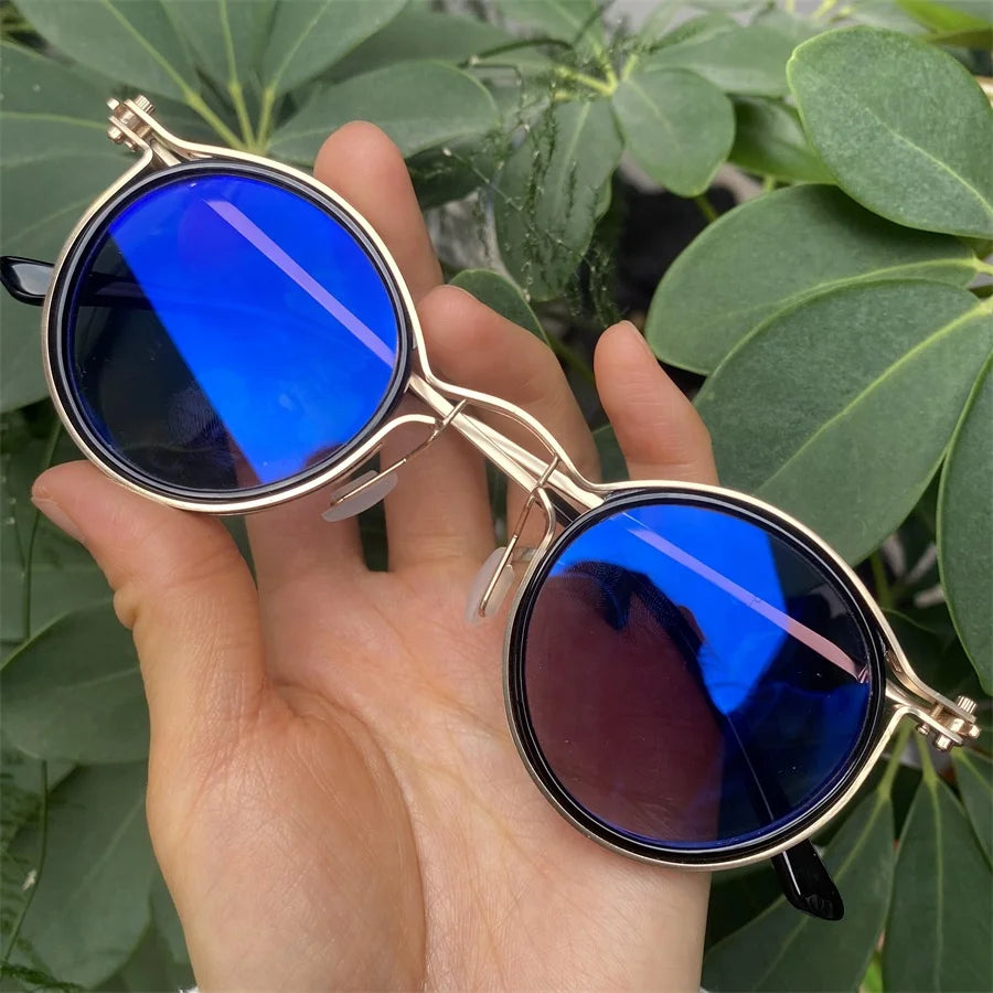 Blue Anti-reflective Photochromic Glasses Men Vintage Round Metal Brown Floral Black Punk Lunett Photogray Antireflet 2026