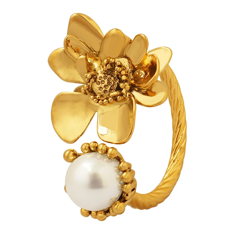 Vintage Flower Unique Ring Brass Inlaid Rubber Bead Ring Dating Gift