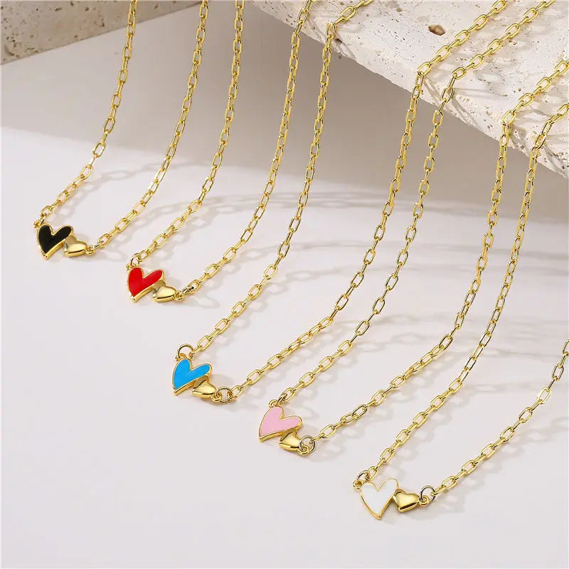 Trendy Cute Chain Necklace Gold Plated Enamel Paperclip Link Chain Necklace Personalized Double Heart Charm Necklace
