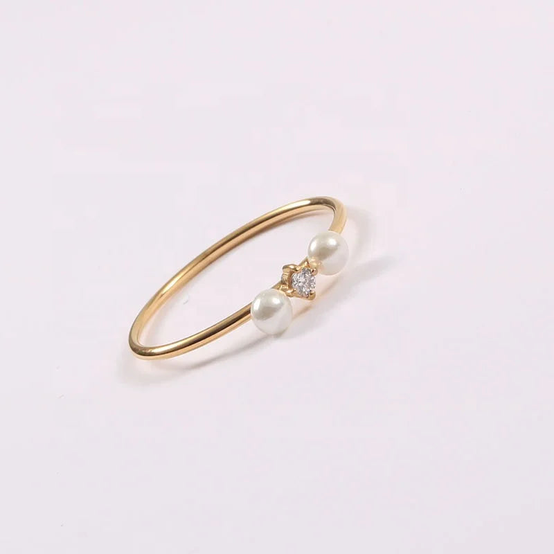 Minimalist Jewelry Stainless Steel Dainty Cubic Zirconia Freshwater Pearl Women Thin Ring