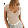 Custom Design Fashion High Elastane Ribbed Heart Shape Neck Solid T-shirts Slim Bodycon Jersey Cotton Ladies Daily Tshirt