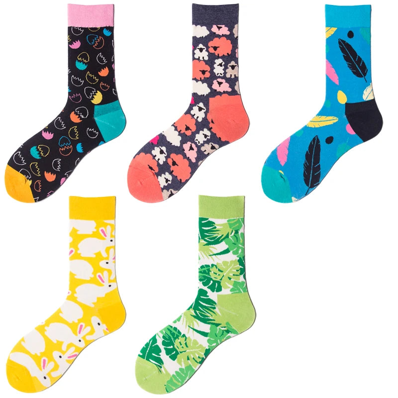 Custom Logo Sock Floral Rabbit Turtle Leaf Bunny Feather Sheep Tulip  Colorful Pattern Fashion Funny Crew Cute Socks for Men