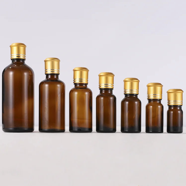 Hot Sale Gold Silver Aluminum Screw Cover 18mm 15ml 30ml 50ml 100ml Brown Amber Glass Essential Oil Bottle